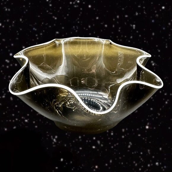 Czech Art Glass Handkerchief Bowl Smokey Olive Green White Ruffles Bohemian 3”T - Picture 12 of 12